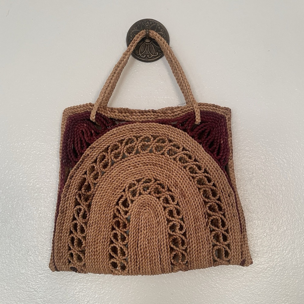 Boho Woven Straw Tote Bag | Vintage Crochet Raffia Purse Earth Tone